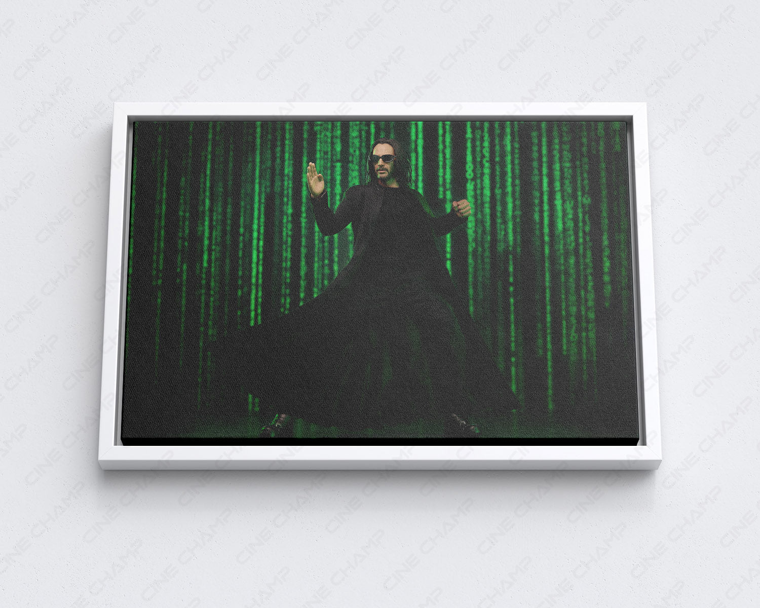 The Matrix Resurrections inspired wall art with white floating frame for stylish living room decor