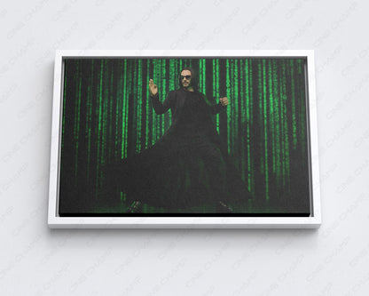 The Matrix Resurrections inspired wall art with white floating frame for stylish living room decor