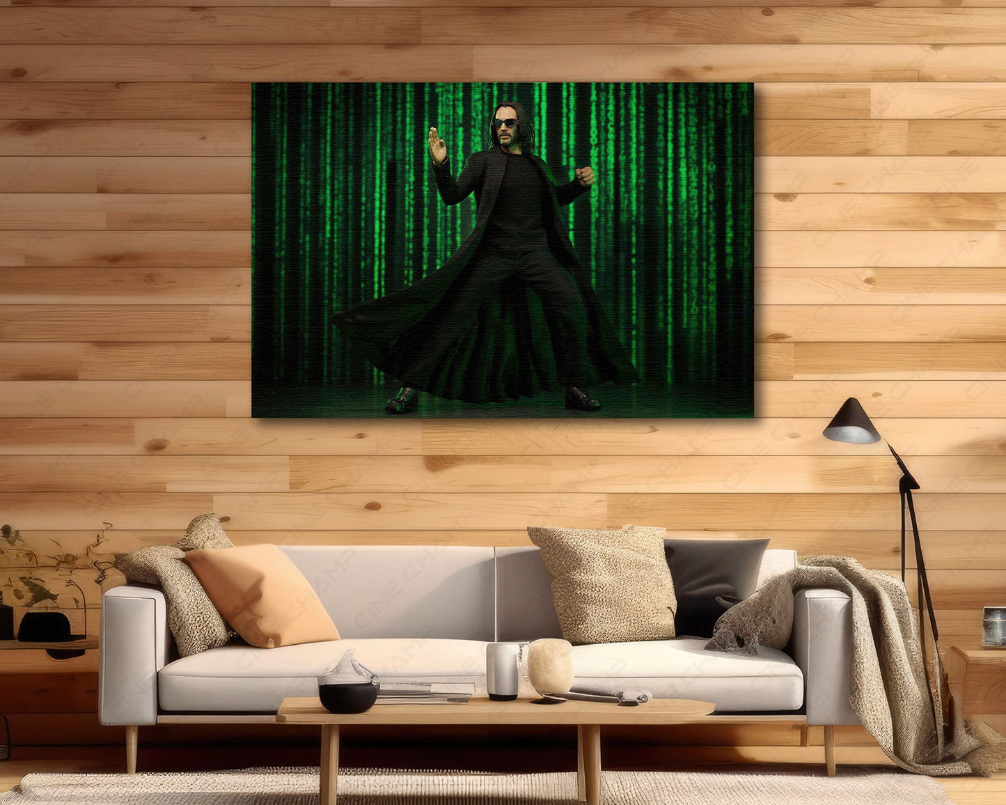 The Matrix Resurrections inspired canvas wall art displayed above a Sofa in a modern room
