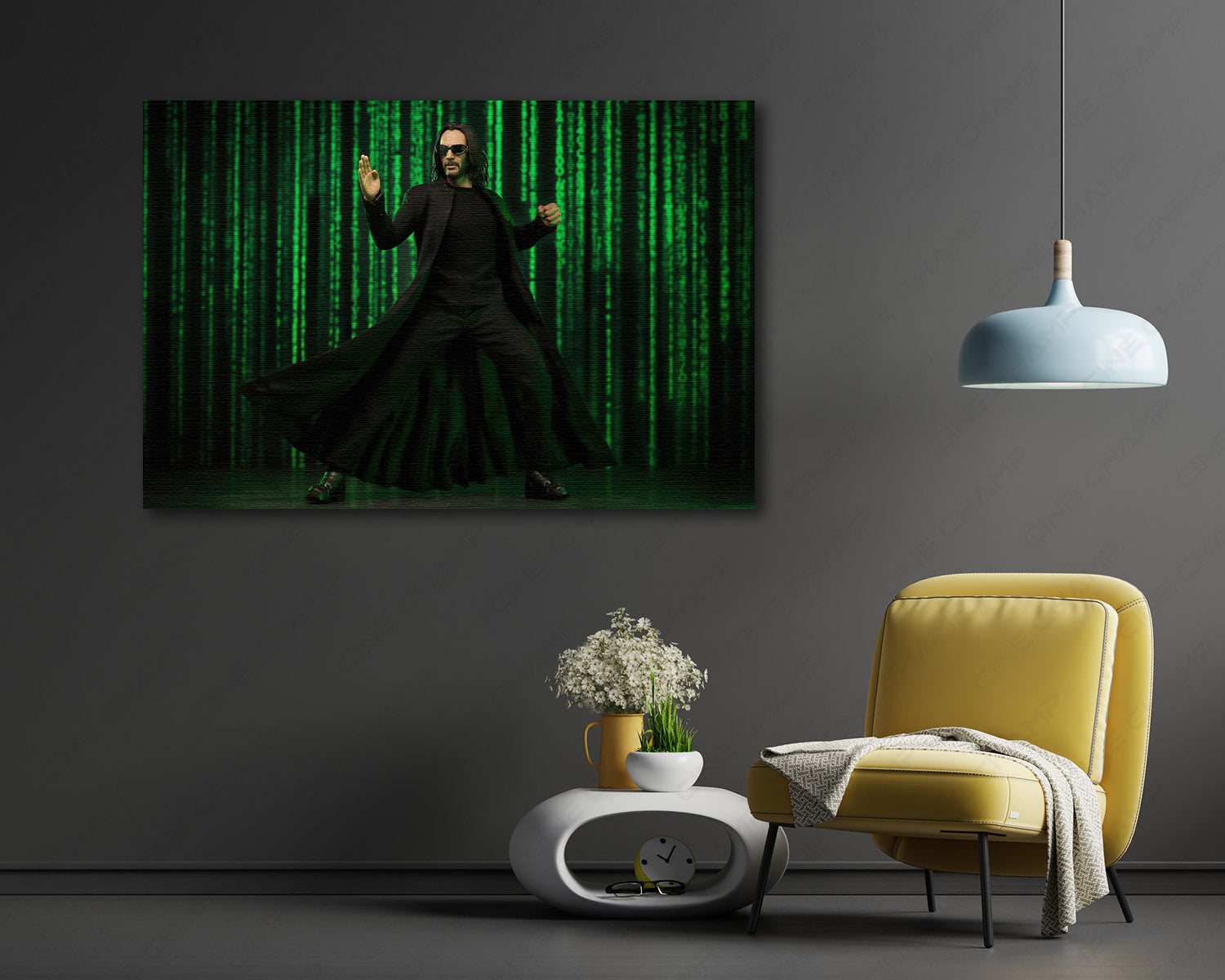 The Matrix Resurrections inspired canvas wall art displayed above a chair in a modern room
