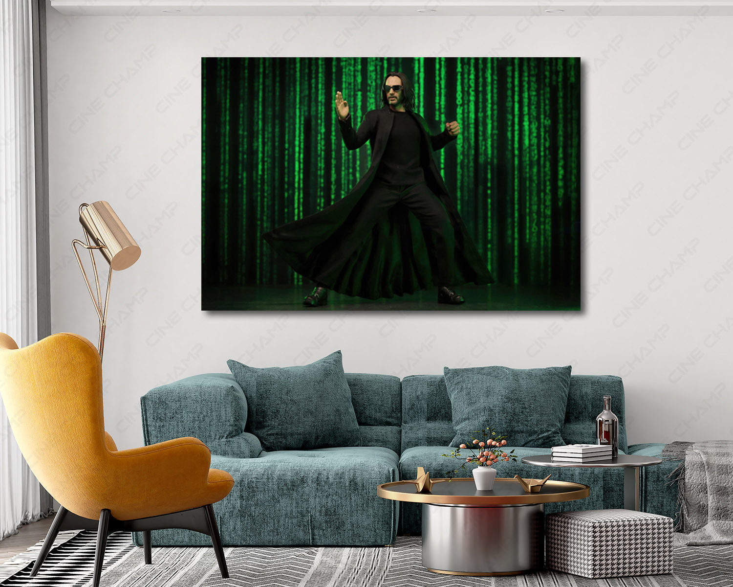 The Matrix Resurrections inspired canvas wall art displayed in a modern living room setting