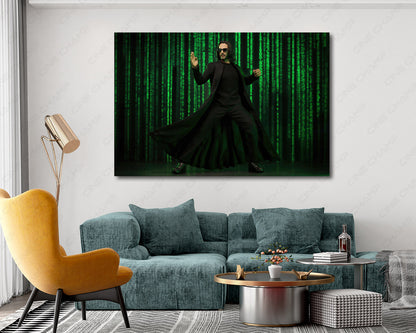 The Matrix Resurrections inspired canvas wall art displayed in a modern living room setting