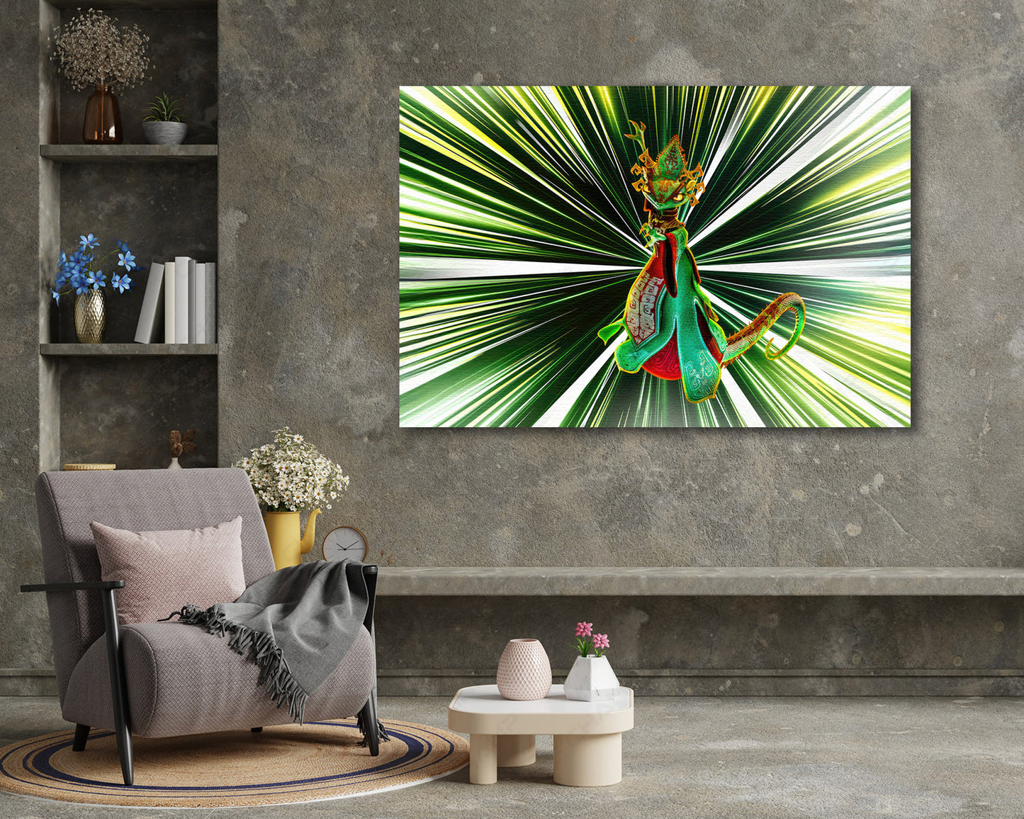 The Chameleon Kung Fu Panda 4 Canvas Print Above Accent Chair in a Modern Kids Room or Entertainment Space