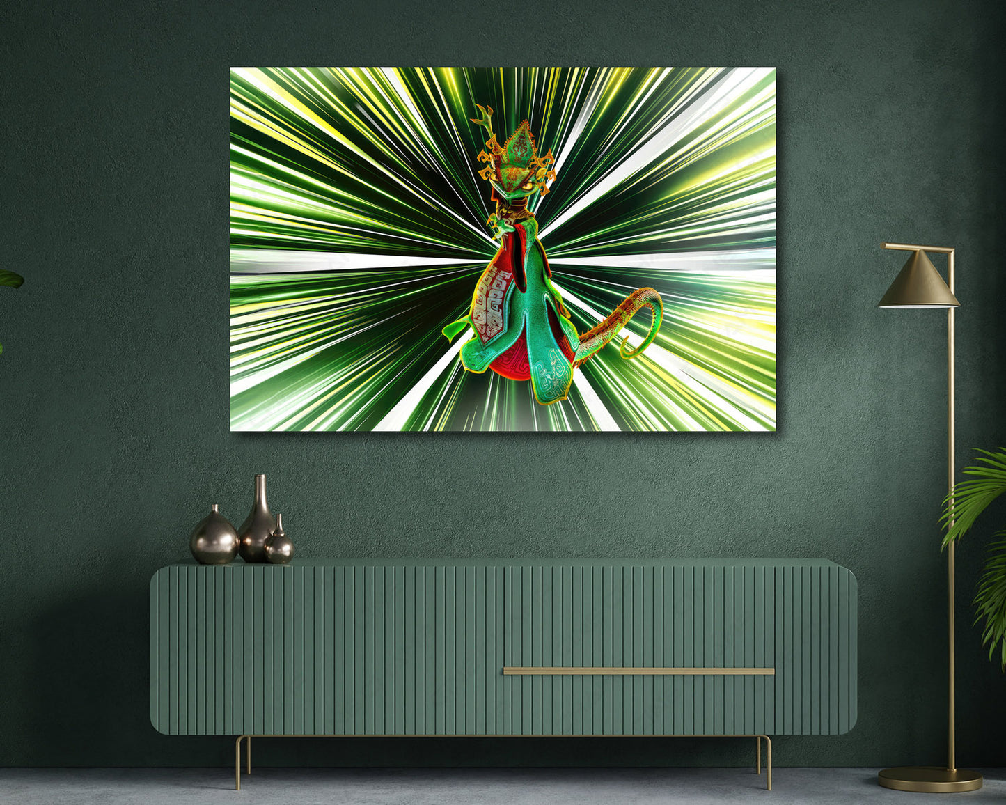 The Chameleon Kung Fu Panda 4 Canvas Print Displayed Above Cabinet as Iconic Animated Character Wall Art