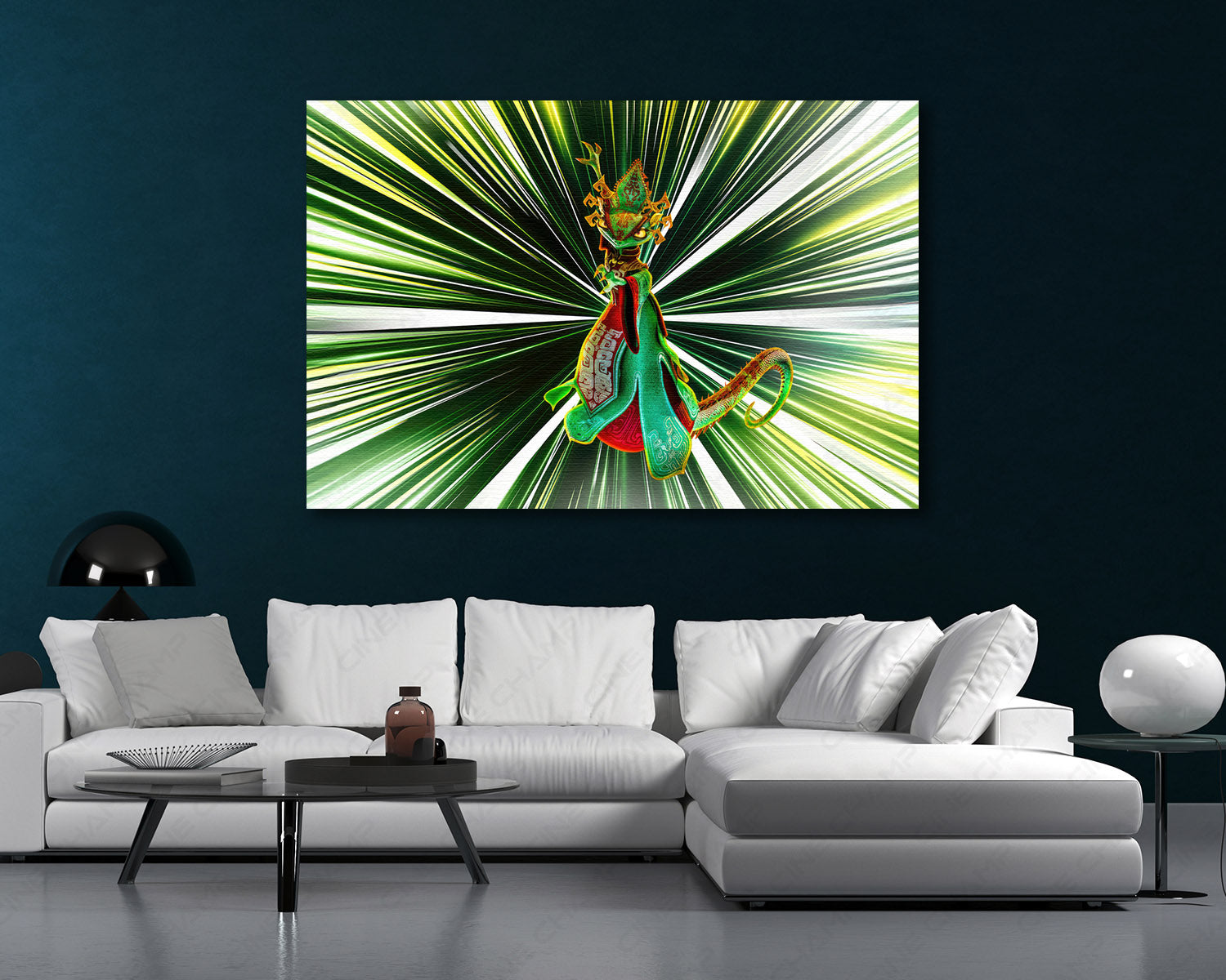 The Chameleon Kung Fu Panda 4 Canvas Print Displayed in a Contemporary Living Room Interior