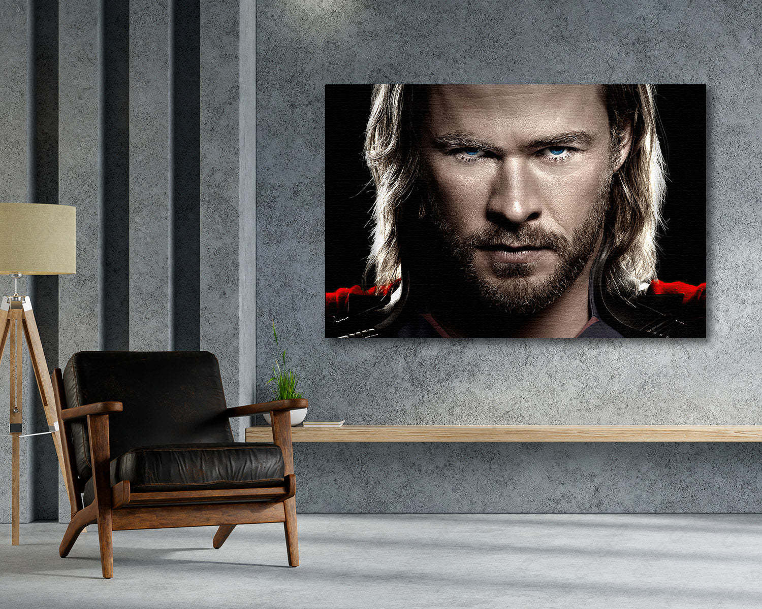 Thor Canvas Print Above Accent Chair in a Modern Movie Room or Gaming Space