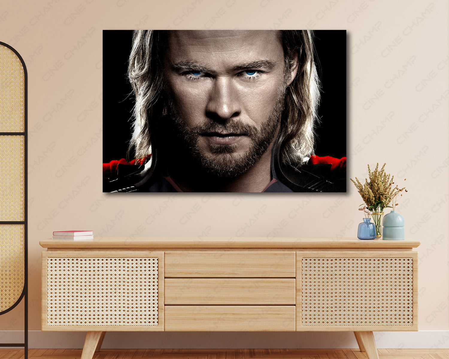 Thor Canvas Print Displayed on a Cabinet Wall in a Modern Interior