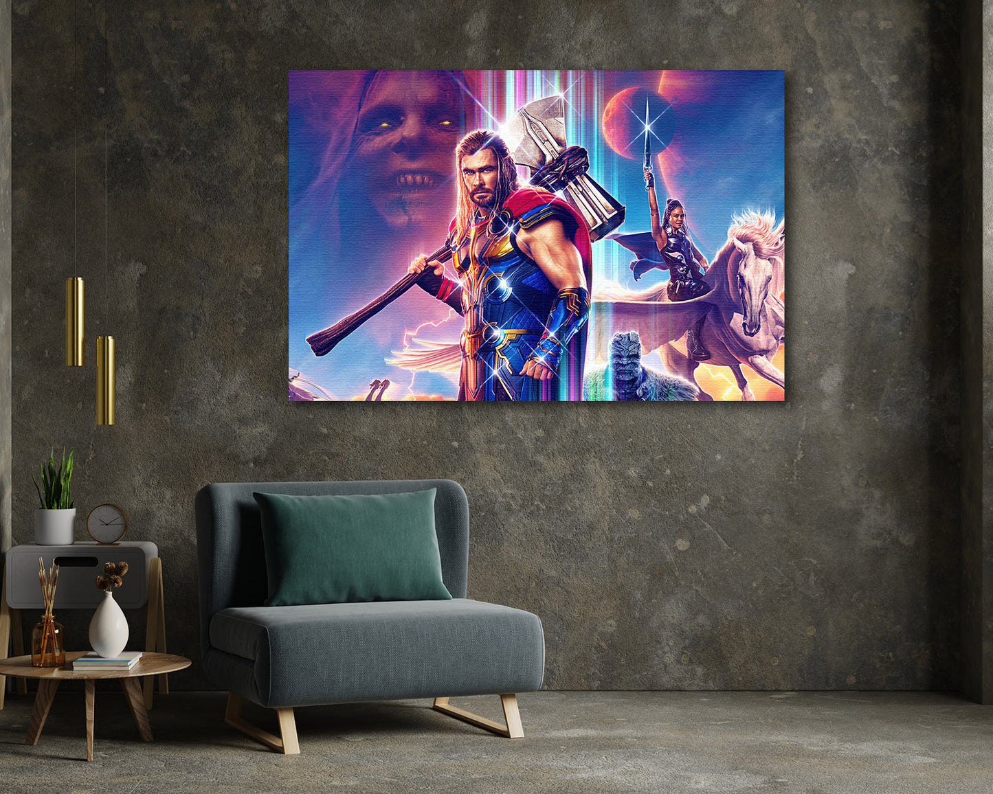 Thor: Love and Thunder Canvas Print Above Accent Chair in a Modern Movie Room or Gaming Space