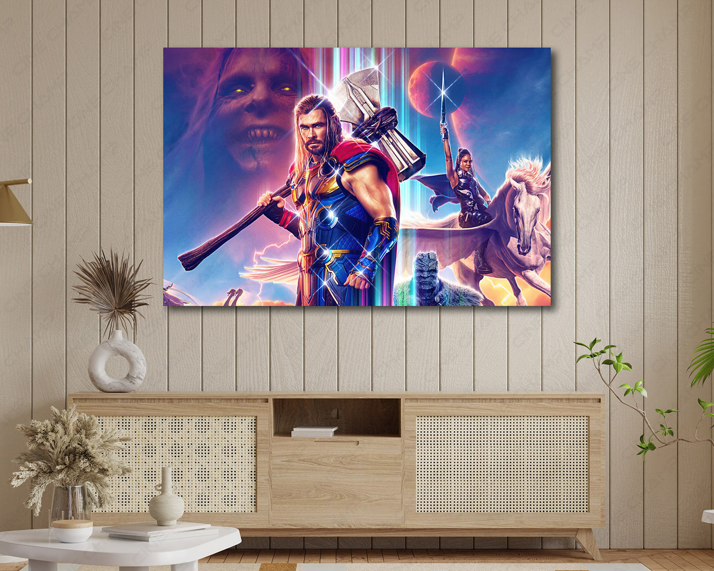 Thor: Love and Thunder Canvas Print Displayed on a Cabinet Wall in a Modern Interior