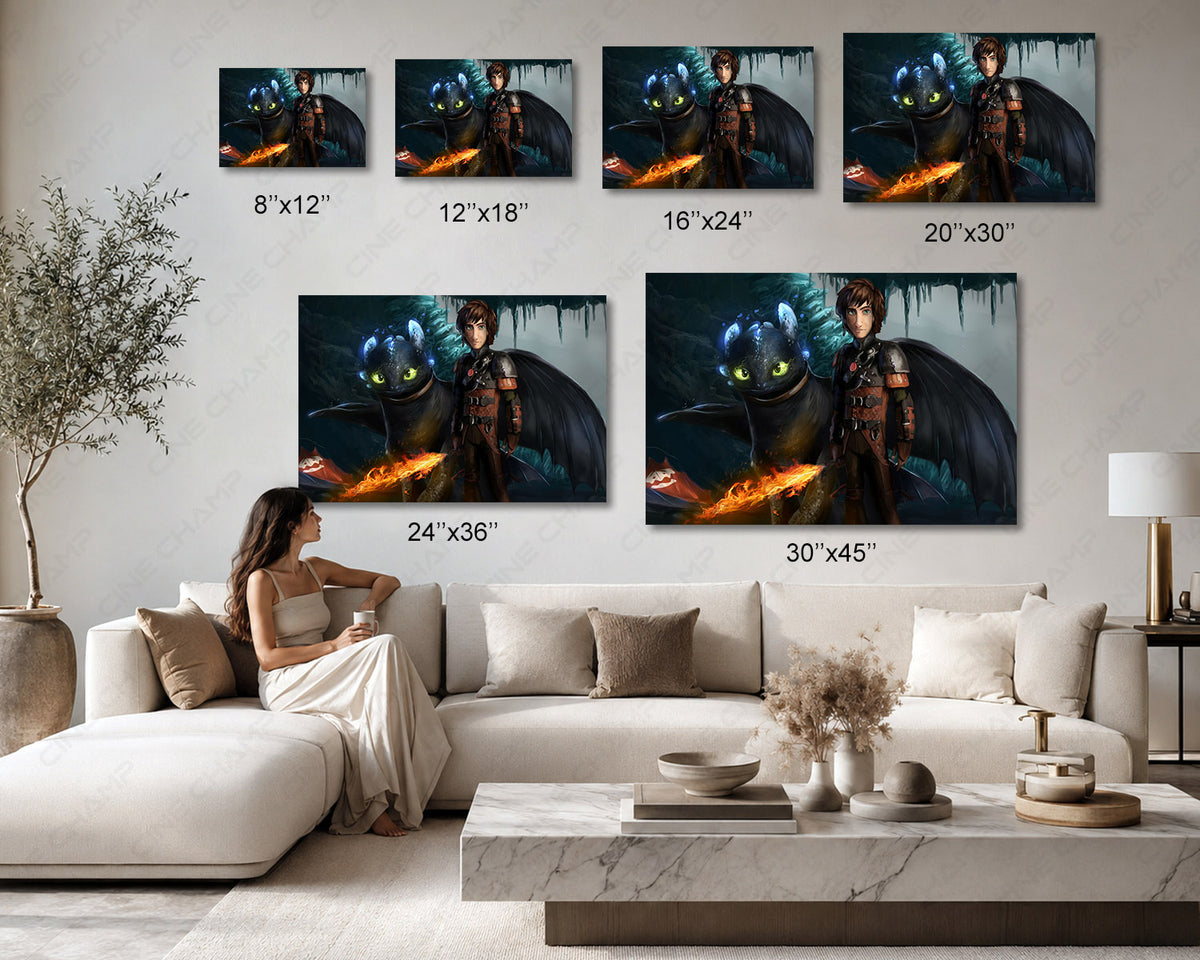 The Hidden World Canvas Wall Art Toothless & Light Fury Fantasy Decor