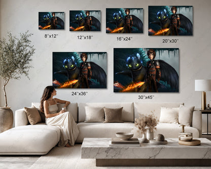 The Hidden World Canvas Wall Art Toothless & Light Fury Fantasy Decor